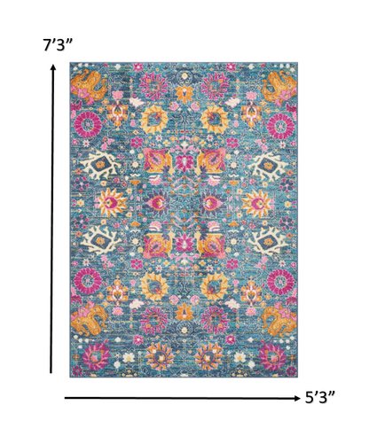 8' X 10' Blue And Orange Floral Power Loom Area Rug