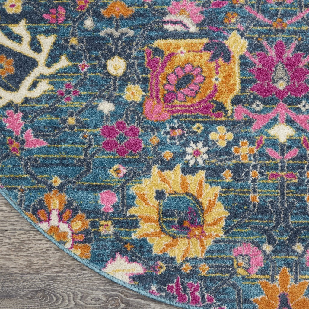 8' X 10' Blue And Orange Floral Power Loom Area Rug