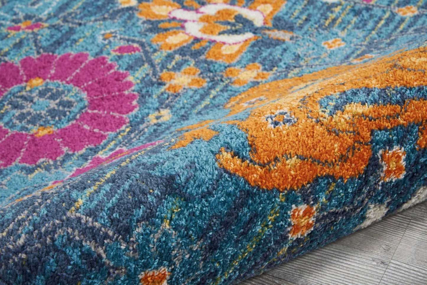 8' X 10' Blue And Orange Floral Power Loom Area Rug