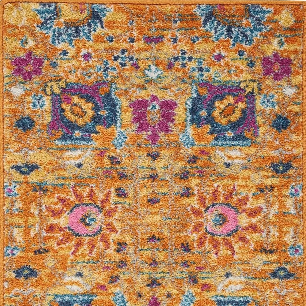 7' X 10' Blue And Orange Floral Distressed Area Rug