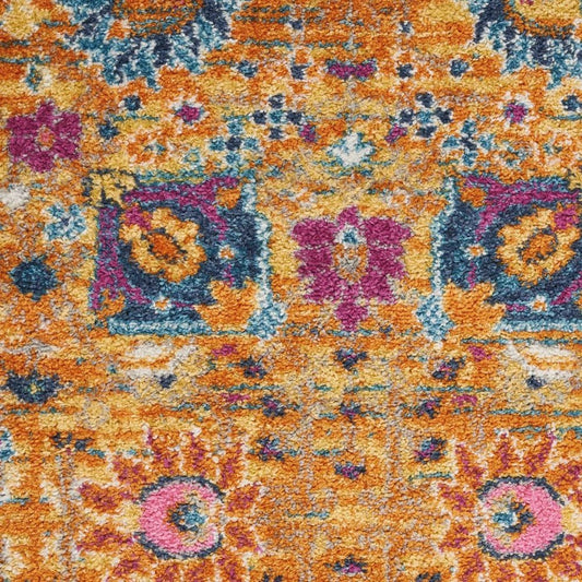 7' X 10' Blue And Orange Floral Distressed Area Rug