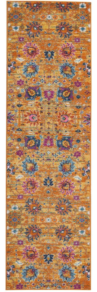 7' X 10' Blue And Orange Floral Distressed Area Rug