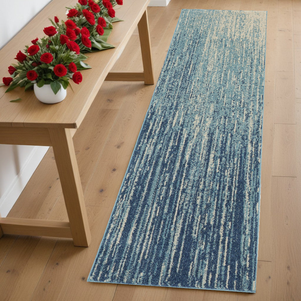 7' X 10' Blue and Ivory Abstract Stripes Power Loom Area Rug