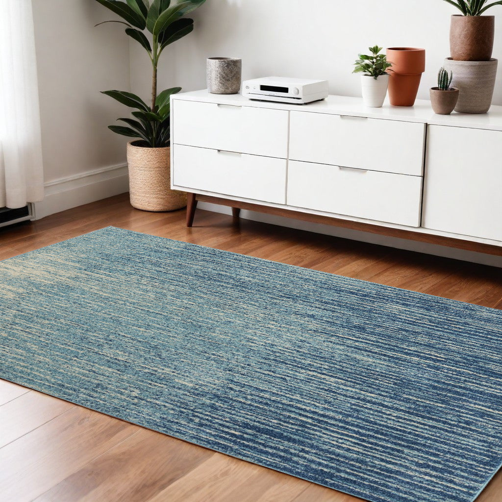 7' X 10' Blue and Ivory Abstract Stripes Power Loom Area Rug