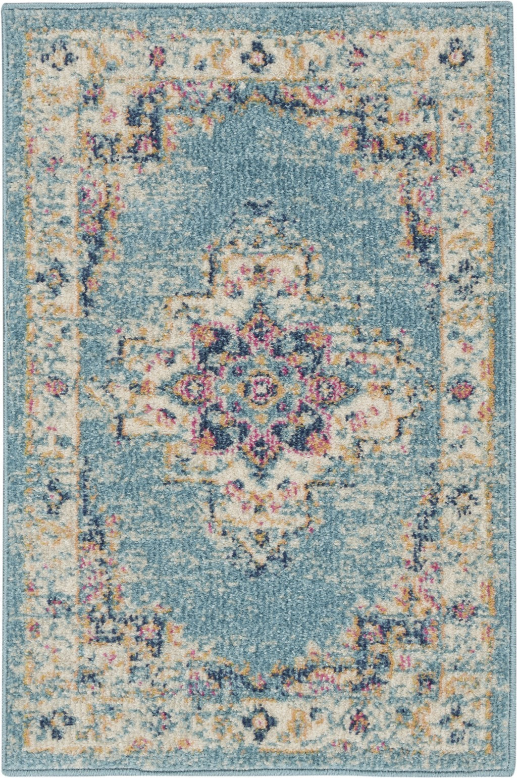 2' X 8' Light Blue Distressed Medallion Runner Rug