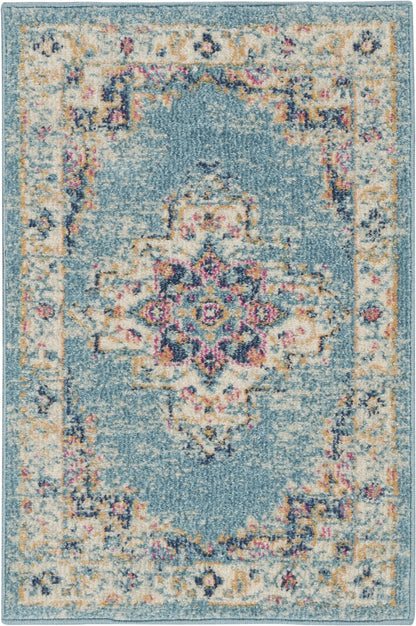 2' X 8' Light Blue Distressed Medallion Runner Rug