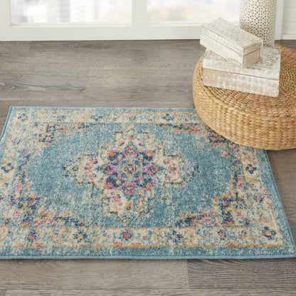 2' X 8' Light Blue Distressed Medallion Runner Rug