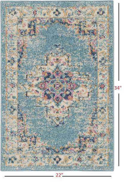 2' X 8' Light Blue Distressed Medallion Runner Rug