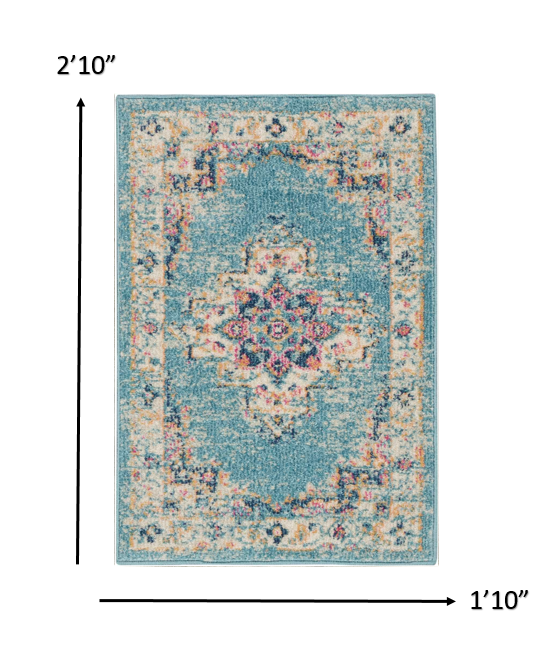 2' X 8' Light Blue Distressed Medallion Runner Rug