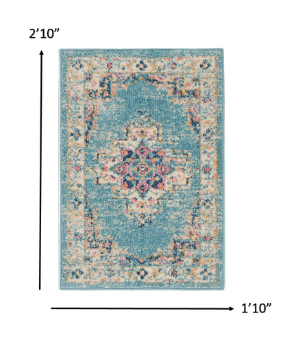 2' X 8' Light Blue Distressed Medallion Runner Rug