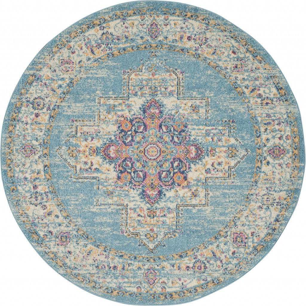 2' X 8' Light Blue Distressed Medallion Runner Rug