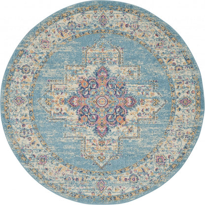 2' X 8' Light Blue Distressed Medallion Runner Rug