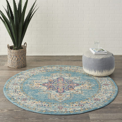 2' X 8' Light Blue Distressed Medallion Runner Rug