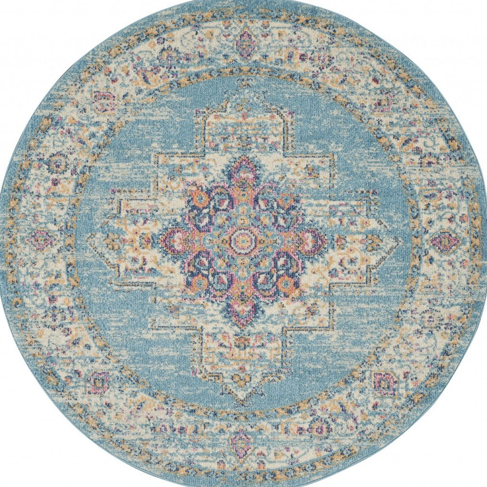 2' X 8' Light Blue Distressed Medallion Runner Rug