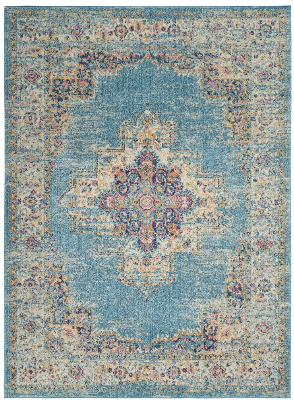 2' X 8' Light Blue Distressed Medallion Runner Rug