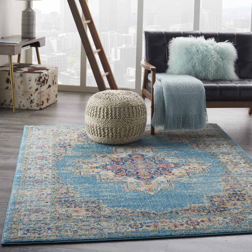 2' X 8' Light Blue Distressed Medallion Runner Rug