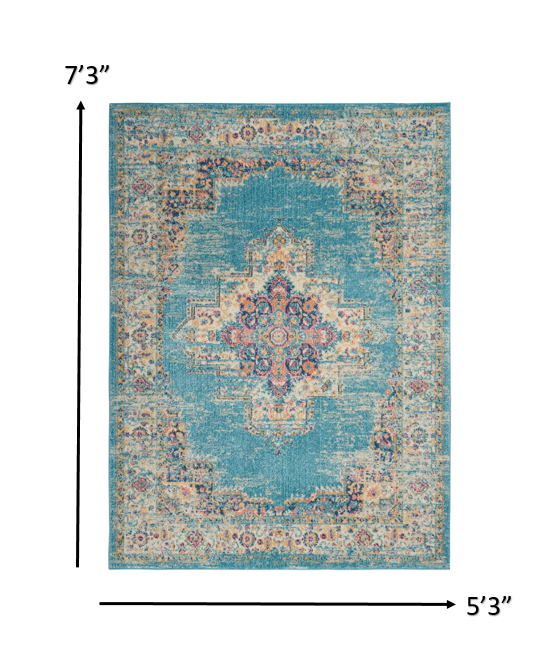 2' X 8' Light Blue Distressed Medallion Runner Rug