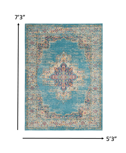 2' X 8' Light Blue Distressed Medallion Runner Rug