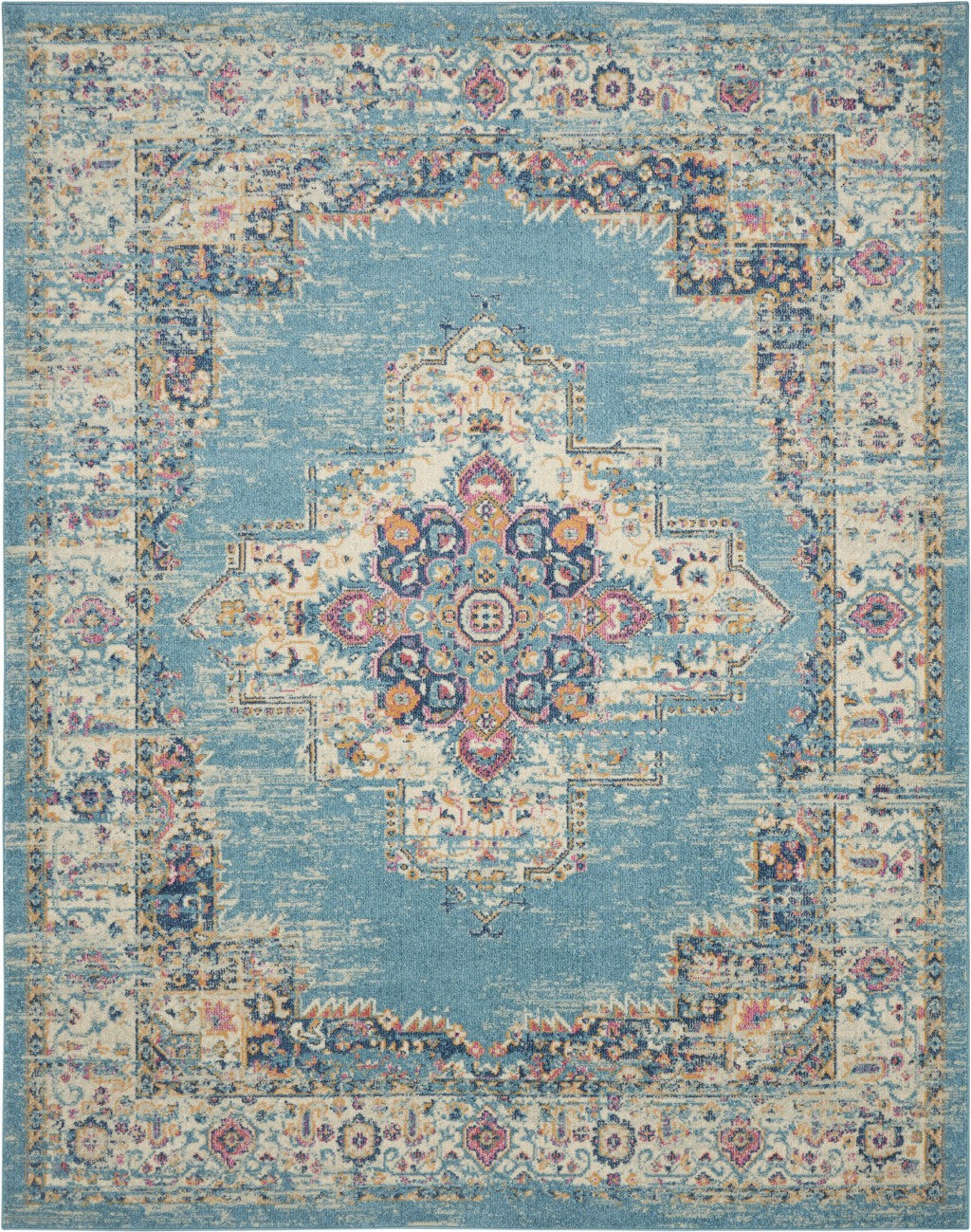 2' X 8' Light Blue Distressed Medallion Runner Rug