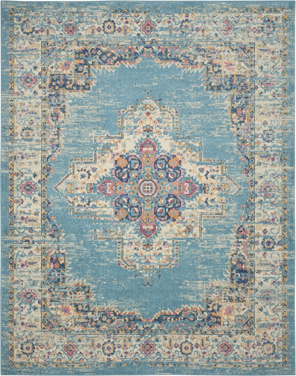 2' X 8' Light Blue Distressed Medallion Runner Rug