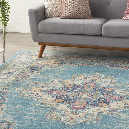 2' X 8' Light Blue Distressed Medallion Runner Rug