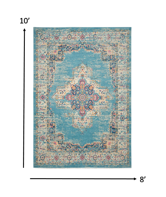 2' X 8' Light Blue Distressed Medallion Runner Rug