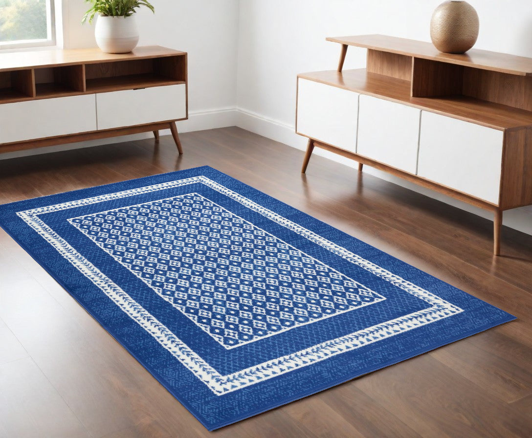 4' X 6' Navy Blue Geometric Dhurrie Area Rug