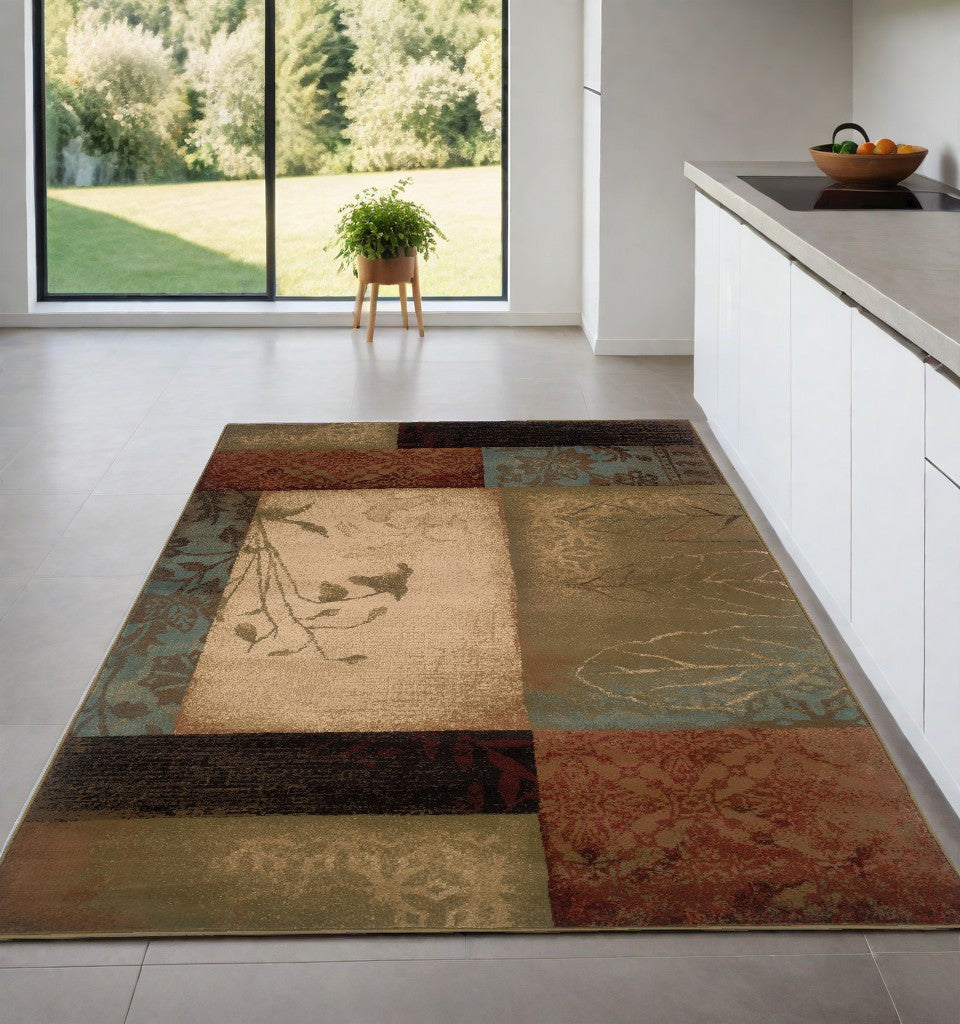 2' X 3' Beige And Brown Floral Block Pattern Scatter Rug