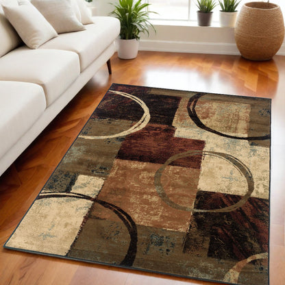 5' X 8' Brown And Black Abstract Geometric Area Rug