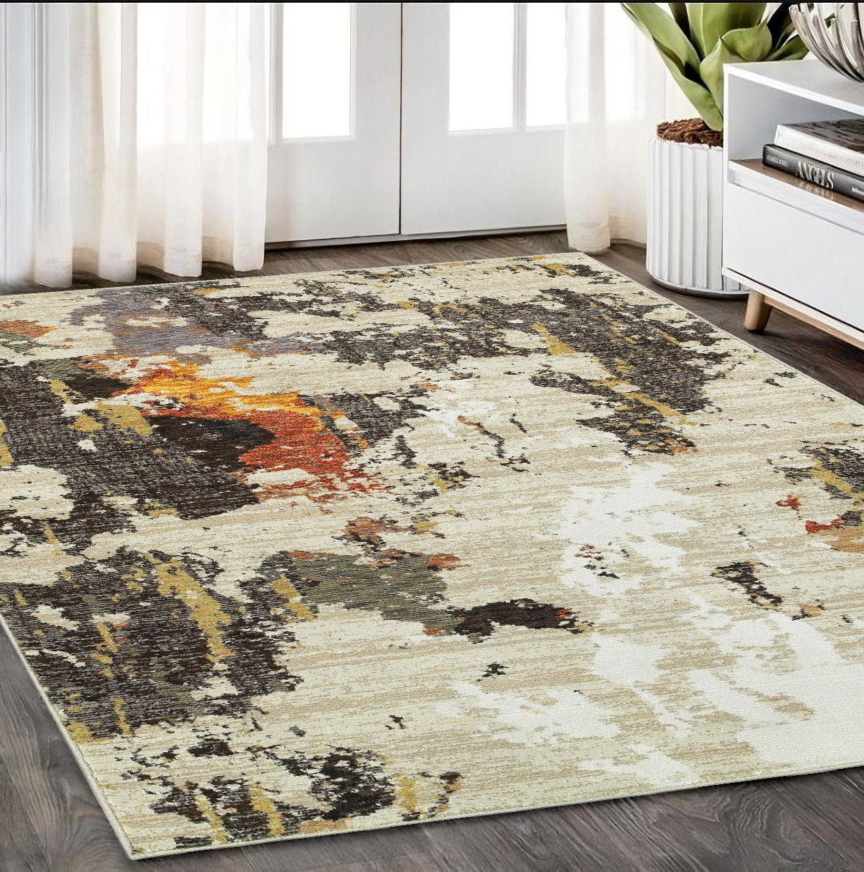 5' X 7' Beige and Black Power Loom Area Rug