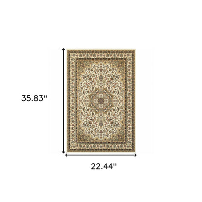 1' X 3' Ivory Beige Machine Woven Oriental Indoor Area Rug