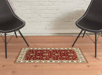 1' X 3' Red Ivory Machine Woven Floral Oriental Indoor Area Rug