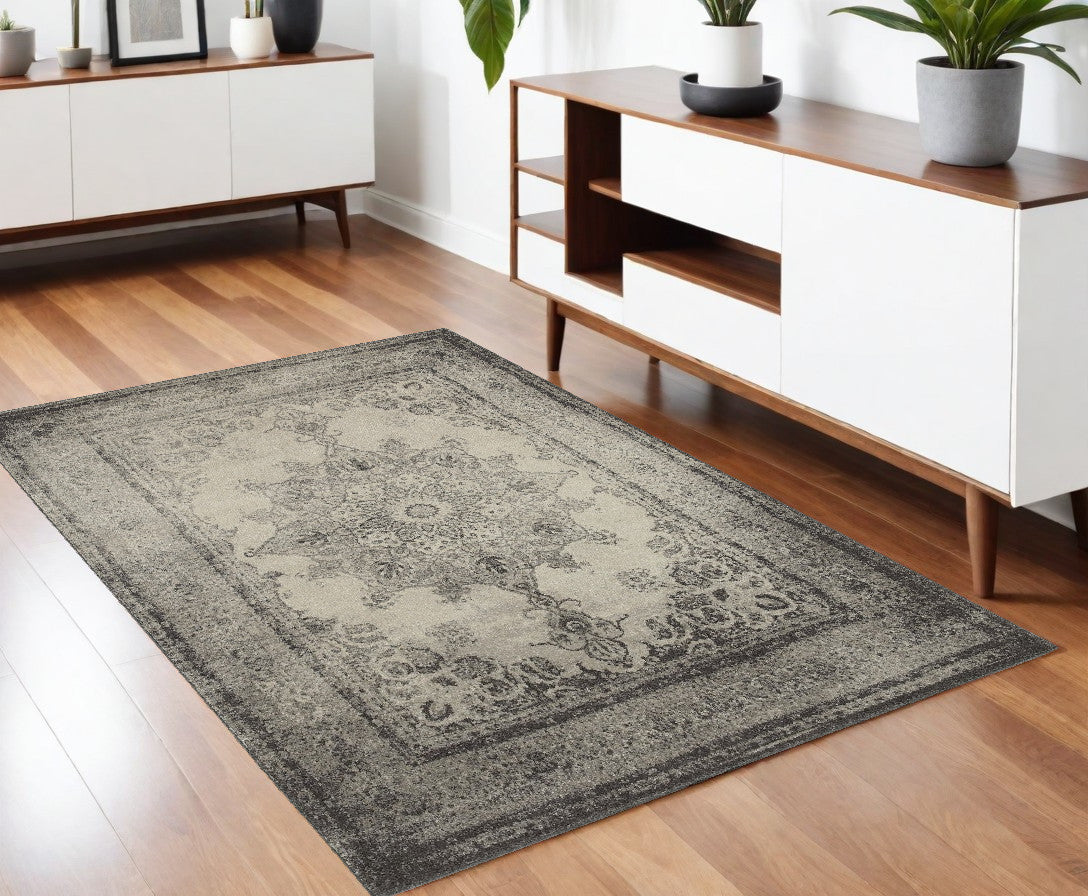 10' X 13' Ivory And Gray Pale Medallion Area Rug