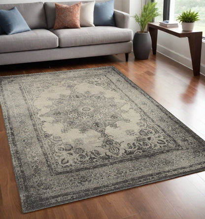 10' X 13' Ivory And Gray Pale Medallion Area Rug