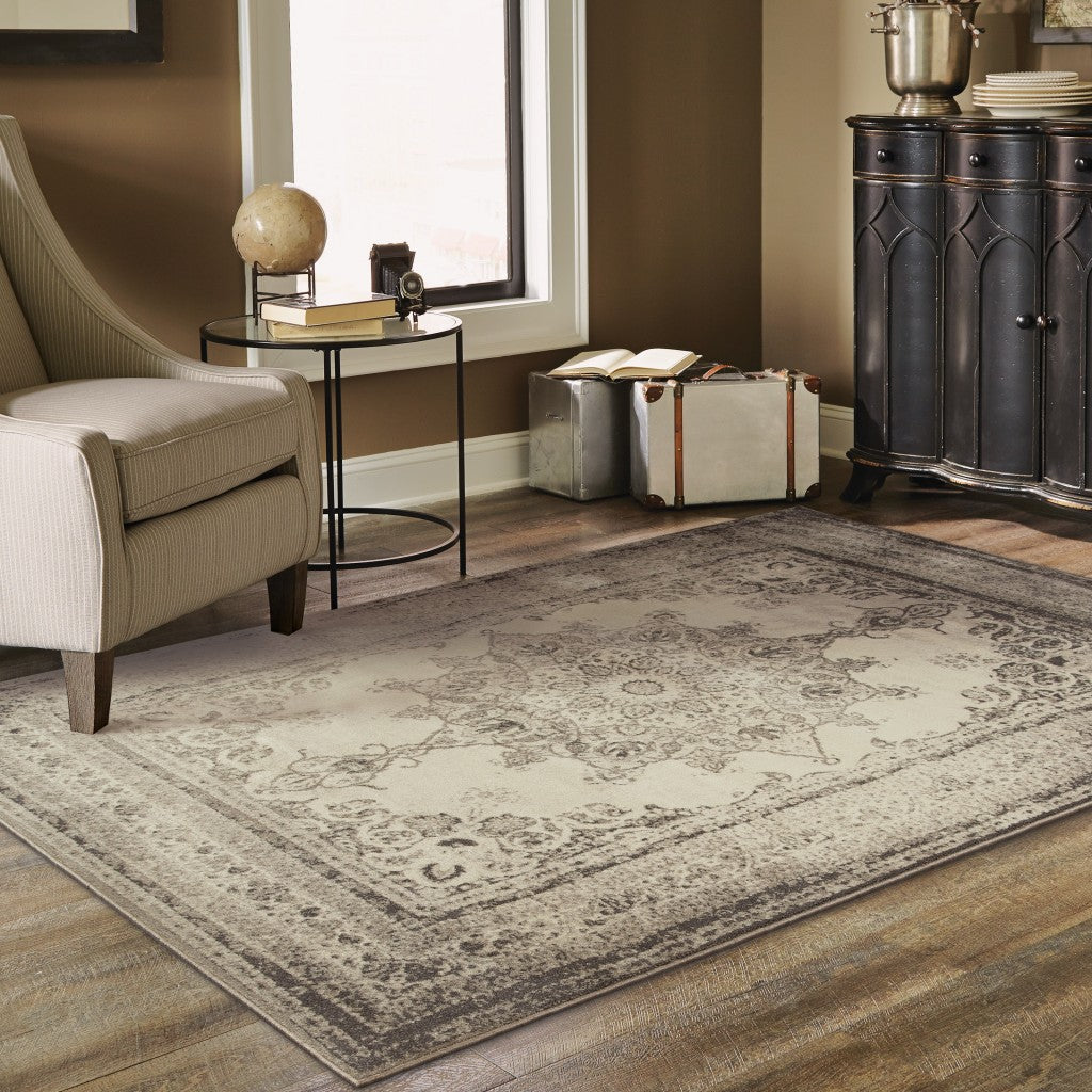 10' X 13' Ivory And Gray Pale Medallion Area Rug