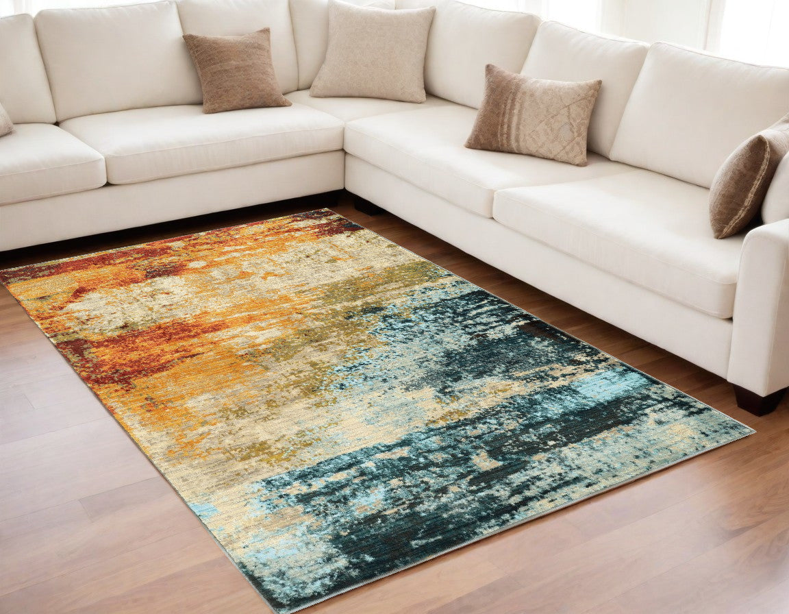 8' X 11' Blue And Red Distressed Area Rug