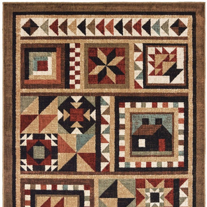 2' X 3' Brown And Red Ikat Patchwork Scatter Rug