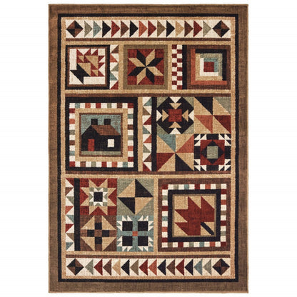 2' X 3' Brown And Red Ikat Patchwork Scatter Rug