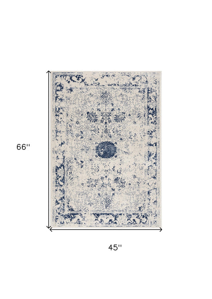 4' X 6' Navy Blue Distressed Floral Area Rug