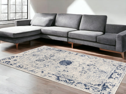 4' X 6' Navy Blue Distressed Floral Area Rug