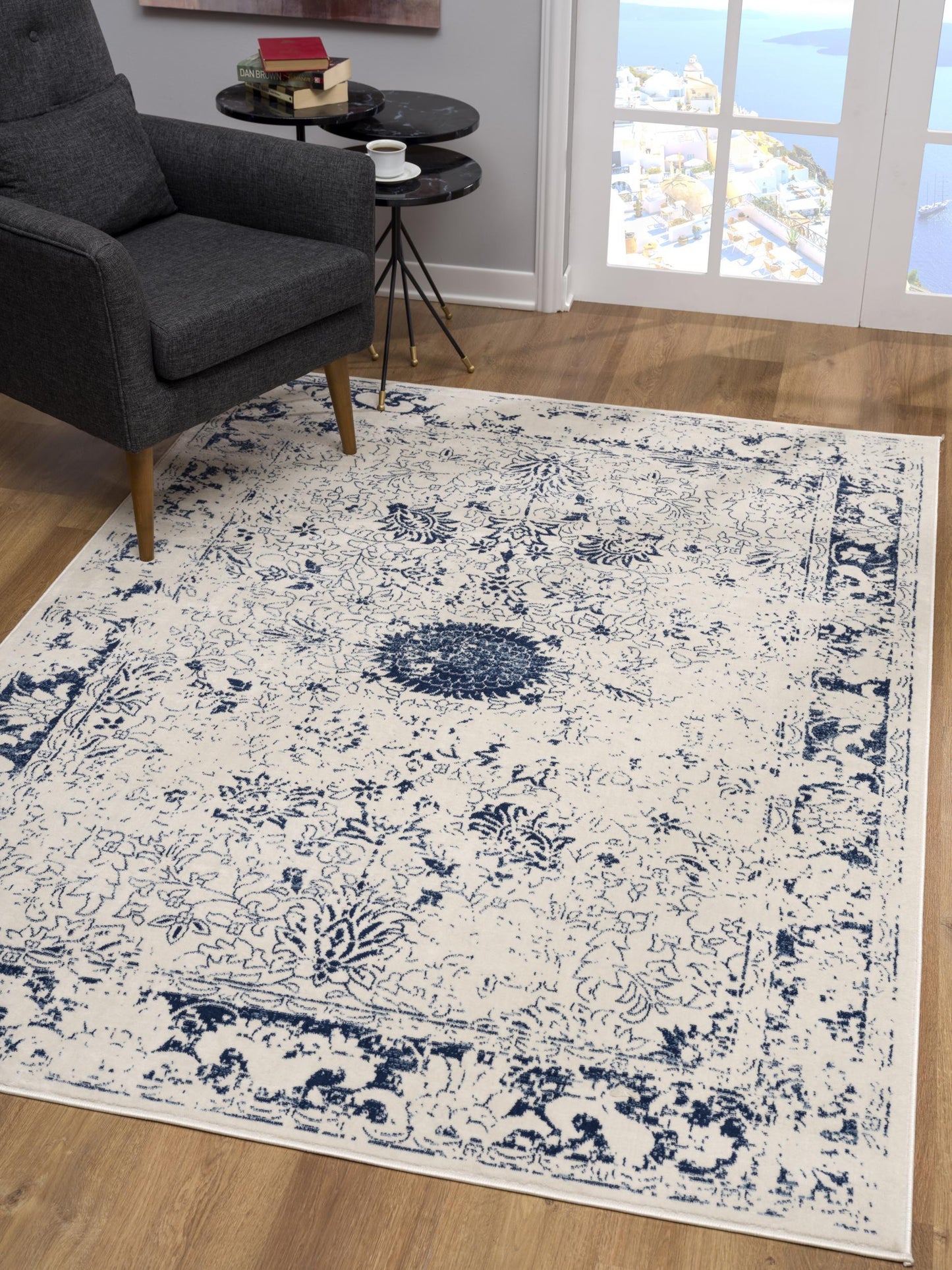 4' X 6' Navy Blue Distressed Floral Area Rug