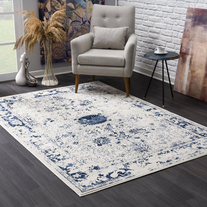 4' X 6' Navy Blue Distressed Floral Area Rug