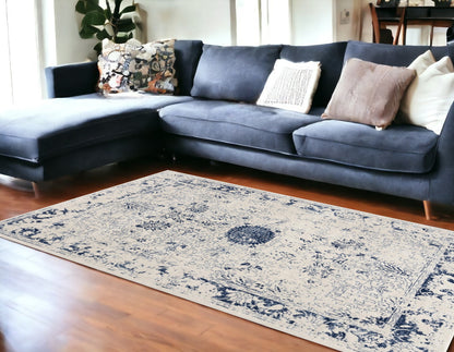 4' X 6' Navy Blue Distressed Floral Area Rug