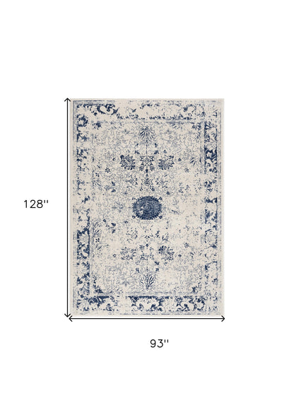 4' X 6' Navy Blue Distressed Floral Area Rug