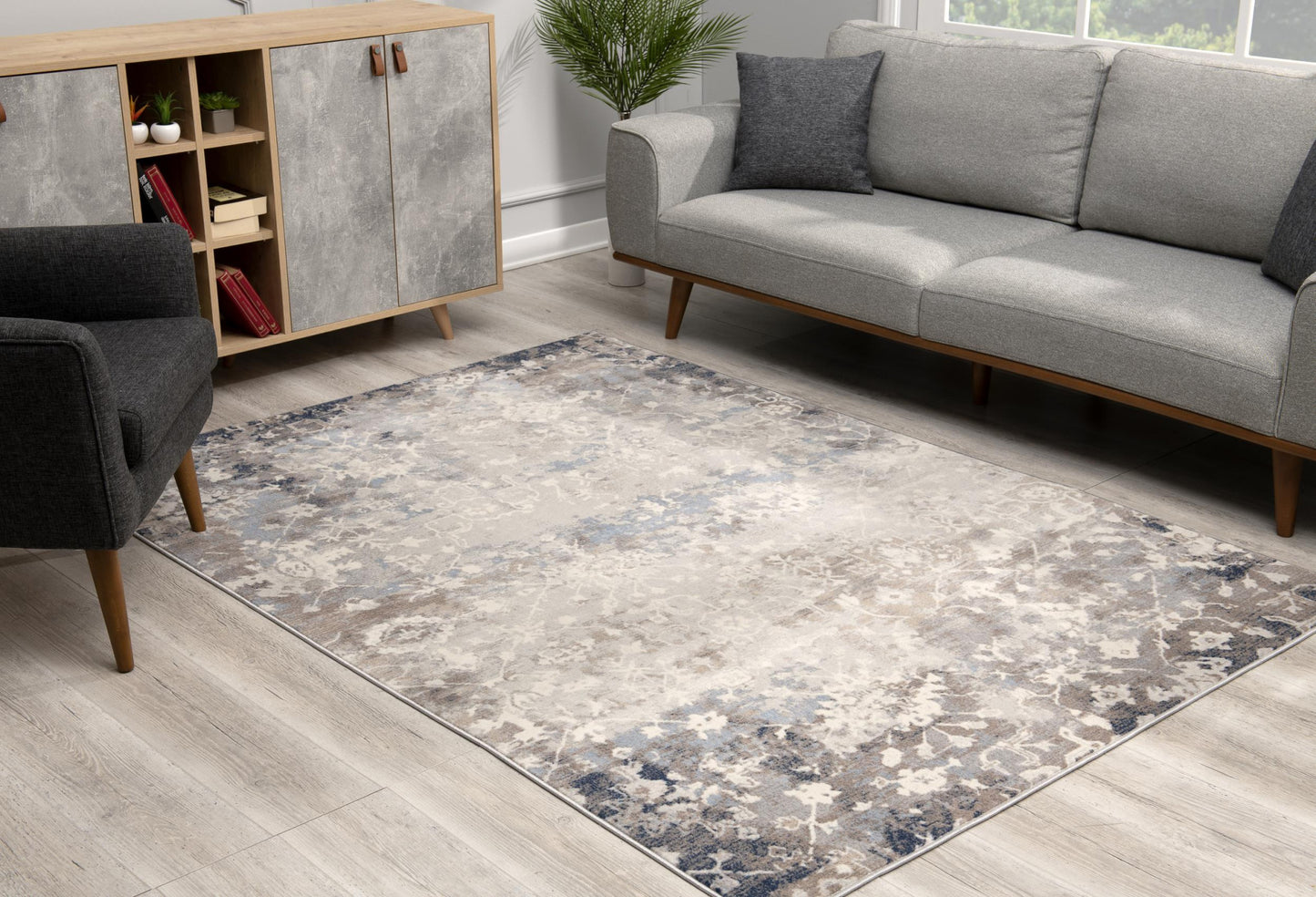 4' X 6' Navy And Beige Distressed Vines Area Rug