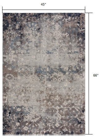 4' X 6' Navy And Beige Distressed Vines Area Rug