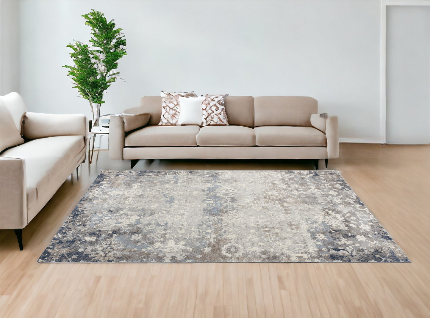 4' X 6' Navy And Beige Distressed Vines Area Rug