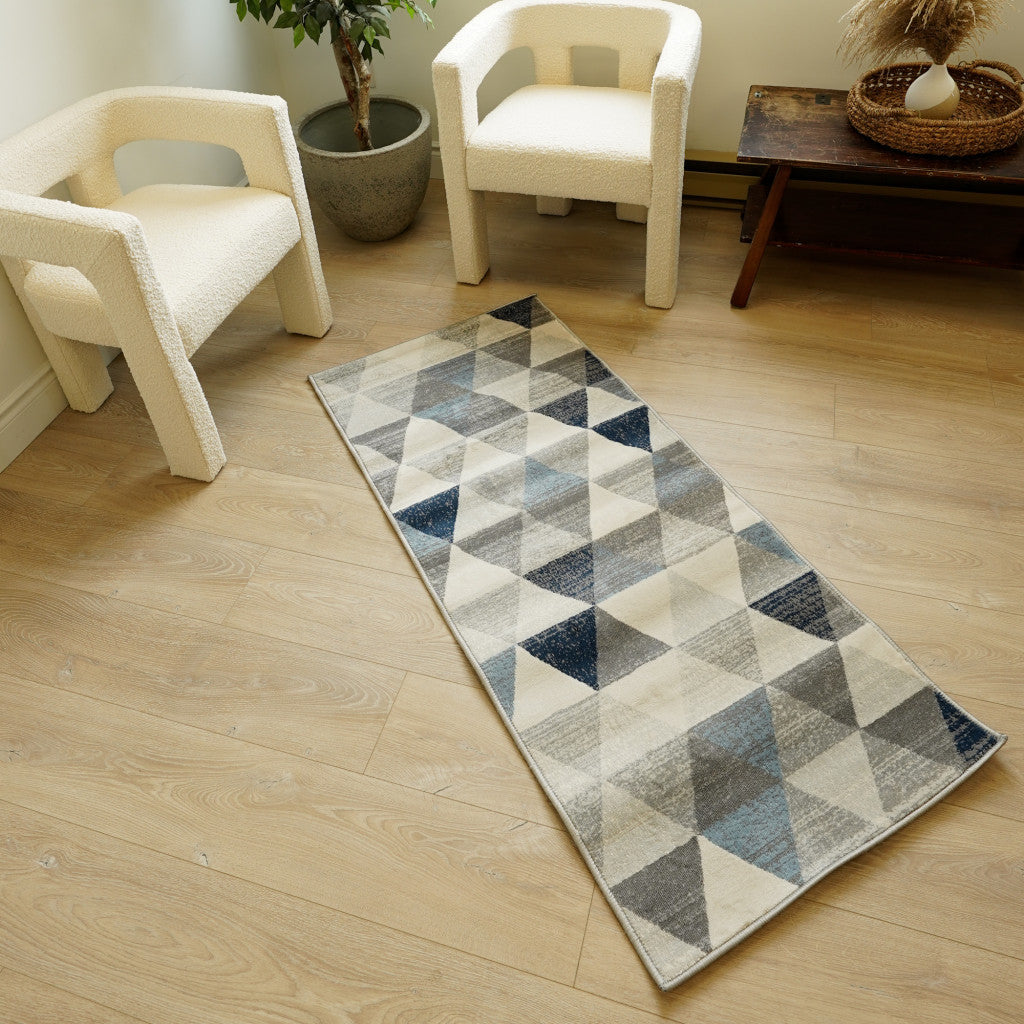 2' X 6' Navy Blue Geometric Diamond Area Rug