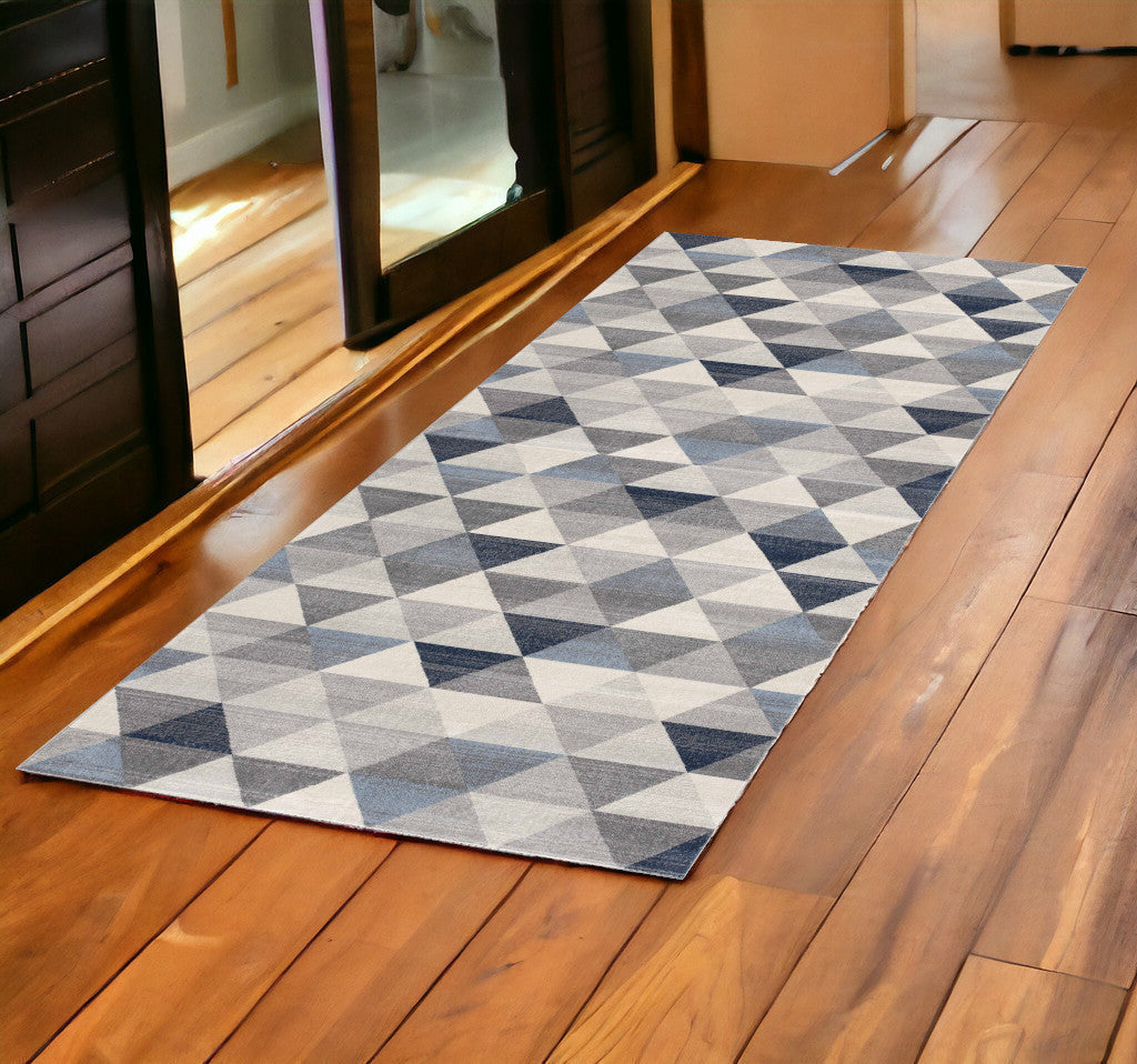 2' X 6' Navy Blue Geometric Diamond Area Rug