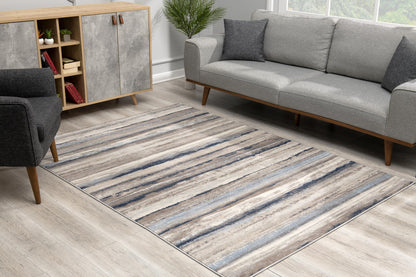 4' X 6' Blue And Beige Distressed Stripes Area Rug